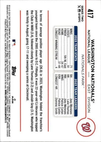 2024 Topps #417 Washington Nationals team card NM-MT with team stats and leaders