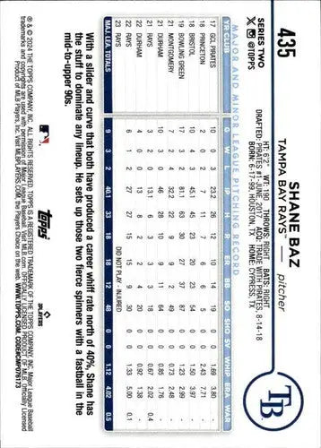 Shane Baz baseball card with original gloss, 2024 Topps #435 Shane Baz NM-MT Rays