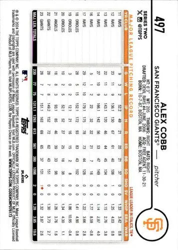 Back of a baseball trading card featuring Alex Cobb NM-MT from 2024 Topps Giants