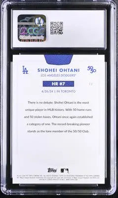 Graded Shohei Ohtani baseball card with HR #7 and 50/50 Club, 2024 Topps CGC 9