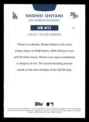 Collectible Shohei Ohtani baseball card from 2024 Topps 50/50 series featuring Shohei Ohtani