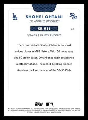 Back of a baseball trading card for Shohei Ohtani from 2024 Topps 50/50 series