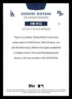 Back of a Topps baseball card for Shohei Ohtani Los Angeles 2024 Topps 50/50