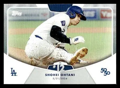 Shohei Ohtani baseball card with dirt on uniform during slide, Los Angeles player collectible