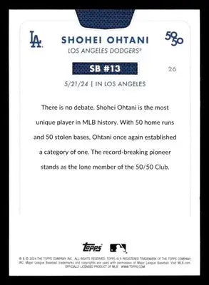 Back of 2024 Topps Shohei Ohtani trading card featuring Shohei Ohtani Los Angeles Dodgers