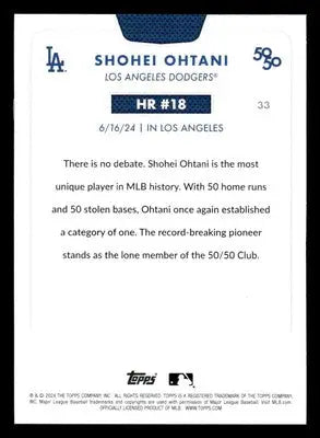 Baseball trading card featuring Shohei Ohtani from 2024 Topps 50/50 Los Angeles collection