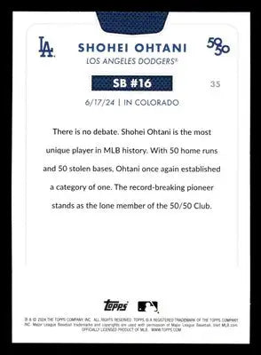 Back of Shohei Ohtani baseball card from 2024 Topps 50/50 featuring Shohei Ohtani Los Angeles Dodgers