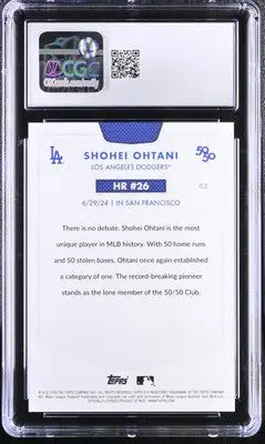 Graded Shohei Ohtani baseball card with detailed stats and accomplishments in 2024 Topps 50/50 series