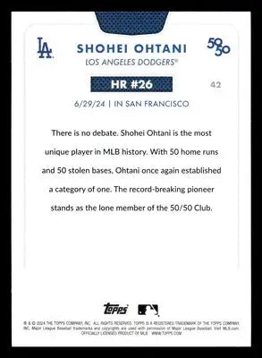 Back of a Shohei Ohtani Los Angeles Dodgers baseball card from 2024 Topps 50/50 series