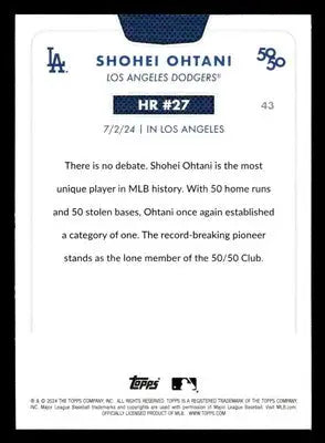 Back of 2024 Topps Shohei Ohtani baseball card showcasing player details and stats