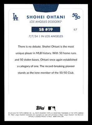 Back of a Shohei Ohtani Topps baseball card from 2024 Topps 50/50 series featuring Shohei Ohtani, Los Angeles Dodgers, Los Angeles
