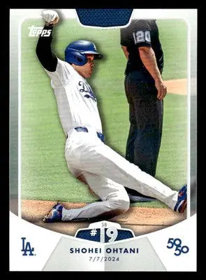 Baseball card of Shohei Ohtani sliding into a base, 2024 Topps 50/50 Los Angeles Dodgers