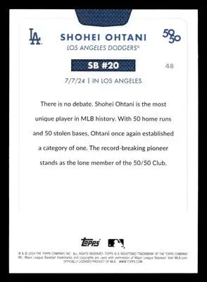 Back of a Shohei Ohtani Los Angeles Dodgers baseball card from 2024 Topps 50/50 series
