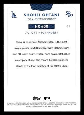 Back of 2024 Topps 50/50 Shohei Ohtani baseball card showing 50 home runs and stolen bases