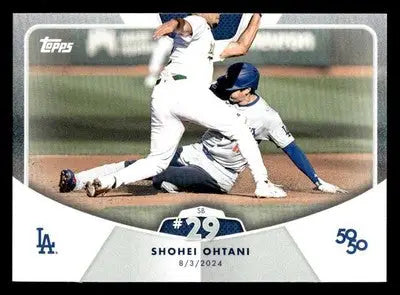 Baseball trading card of Shohei Ohtani sliding into base from 2024 Topps 50/50 series