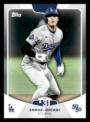 Baseball trading card of Shohei Ohtani in Los Angeles Dodgers uniform 2024 Topps 50/50