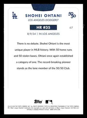 Back of Shohei Ohtani baseball card from 2024 Topps 50/50 series, #67