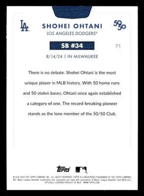 Shohei Ohtani baseball card 2024 Topps 50/50 with text and logos