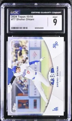 Graded 2024 Topps Shohei Ohtani baseball card displayed in 2024 Topps 50/50 set