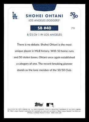 White baseball card with blue and white design featuring Shohei Ohtani for 2024 Topps 50/50