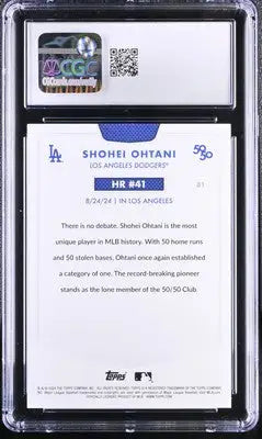Graded Shohei Ohtani baseball card with detailed stats and achievements, 2024 Topps 50/50