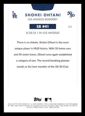 Back of a Shohei Ohtani baseball card from 2024 Topps 50/50 series featuring Shohei Ohtani