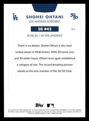 Back of a Shohei Ohtani baseball card from 2024 Topps 50/50 series featuring Shohei Ohtani