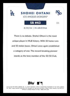 Baseball card of Shohei Ohtani from Los Angeles Dodgers 2024 Topps 50/50 series