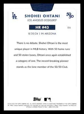 Back of 2024 Topps Shohei Ohtani #86 baseball card showcasing Shohei Ohtani played for Los Angeles Dodgers