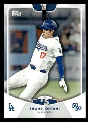 Baseball trading card of Shohei Ohtani in Los Angeles Dodgers uniform for 2024 Topps 50/50