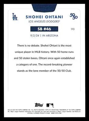 Baseball card featuring Shohei Ohtani of the Los Angeles Dodgers celebrating 50 home runs and stolen bases