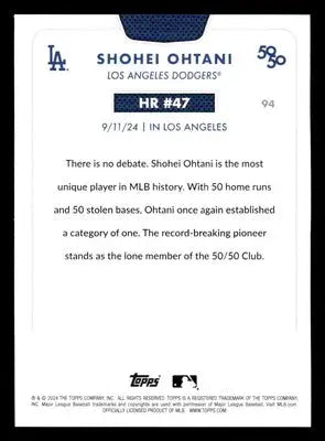 Baseball trading card featuring Shohei Ohtani from 2024 Topps 50/50 Los Angeles Dodgers