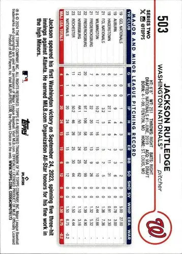 Original gloss Baseball card featuring Jackson Rutledge rookie Nationals from 2024 Topps