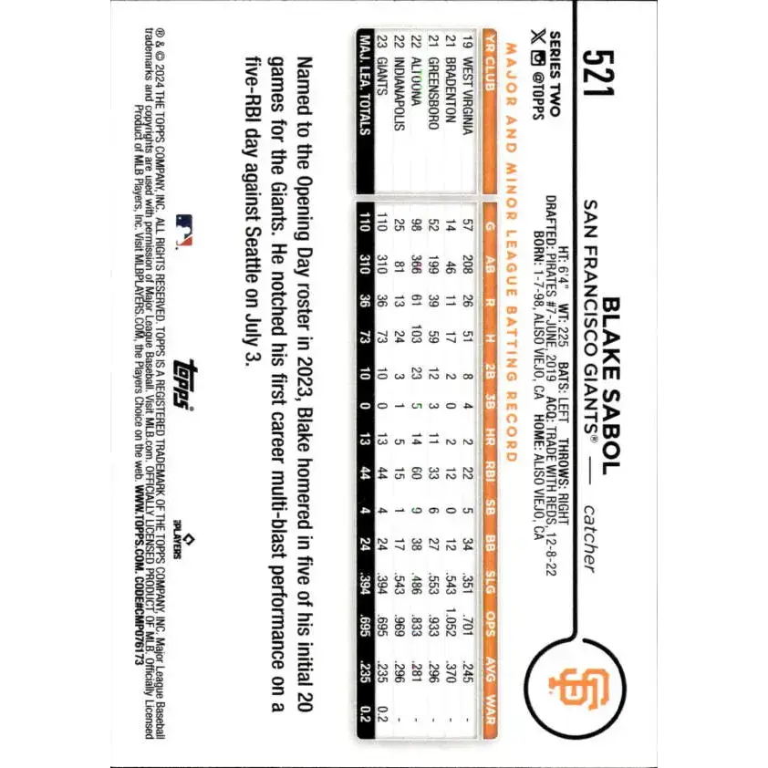 2024 Topps #521 Blake Sabol NM-MT San Francisco Giants Baseball Card - Baseball Card Single