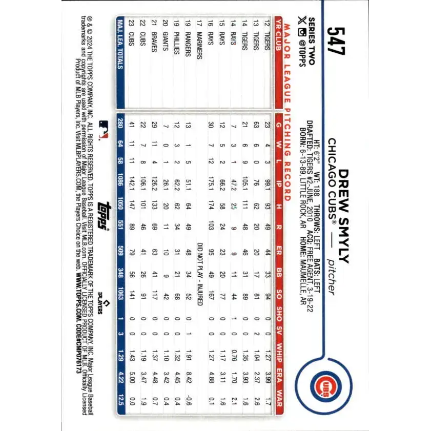 2024 Topps #547 Drew Smyly NM-MT Chicago Cubs Baseball Card - Baseball Card Single