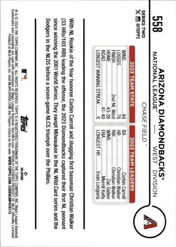 2024 Topps #558 Diamondbacks team card back with original gloss in NM-MT condition