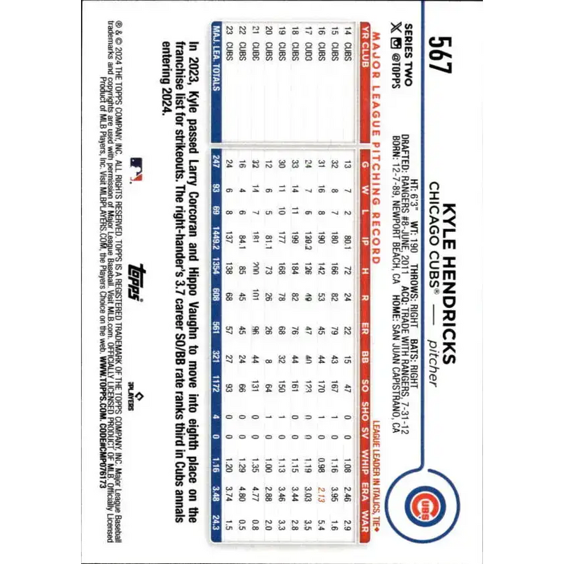2024 Topps #567 Kyle Hendricks NM-MT Chicago Cubs Baseball Card - Baseball Card Single