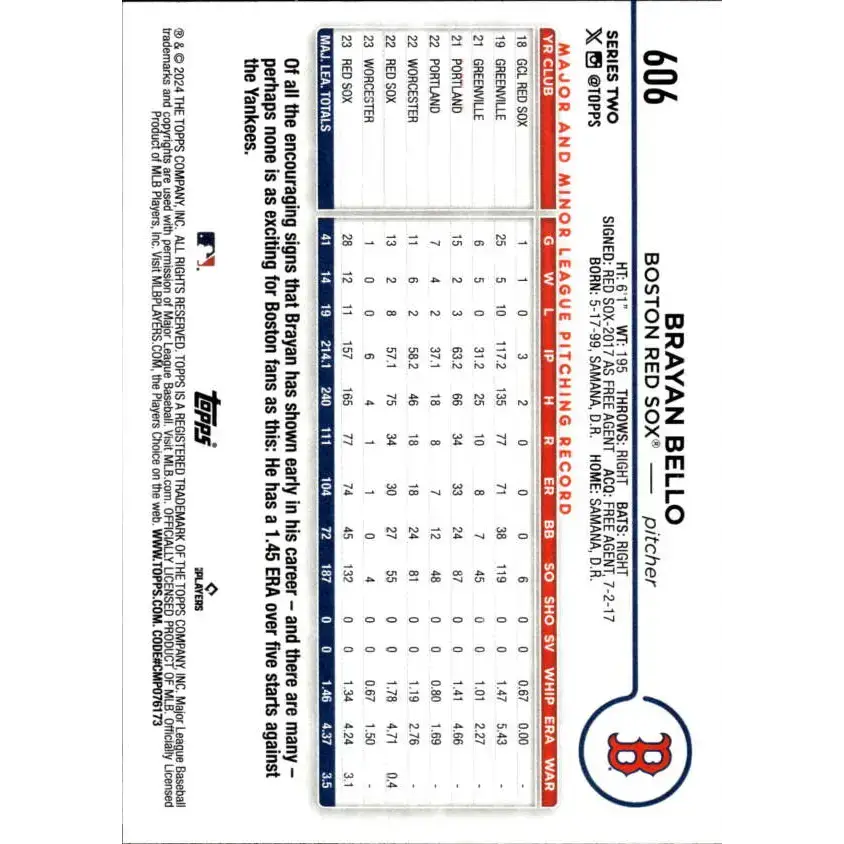2024 Topps #606 Brayan Bello NM-MT Boston Red Sox Baseball Card - Baseball Card Single
