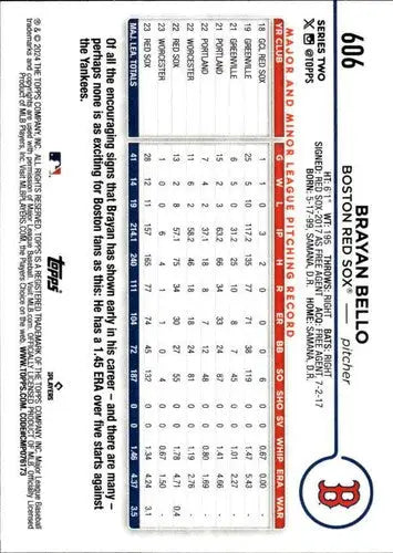 Original gloss Brayan Bello baseball card from 2024 Topps #606 Red Sox NM-MT