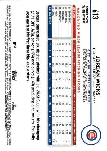 Original gloss Jordan Wicks rookie Cubs baseball card from 2024 Topps series