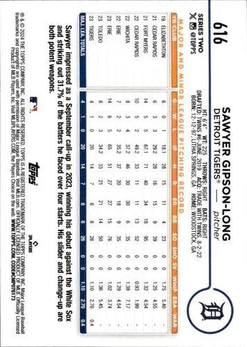 2024 Topps Sawyer Gipson-Long rookie tigers baseball card with original gloss