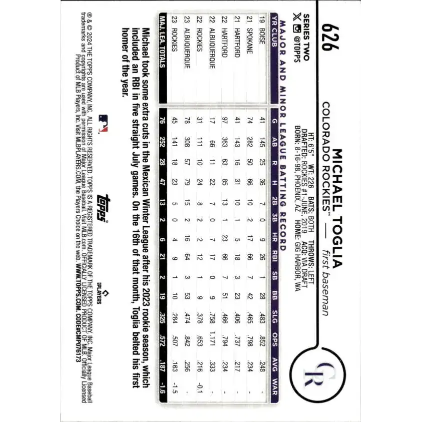 2024 Topps #626 Michael Toglia NM-MT Colorado Rockies Baseball Card - Baseball Card Single