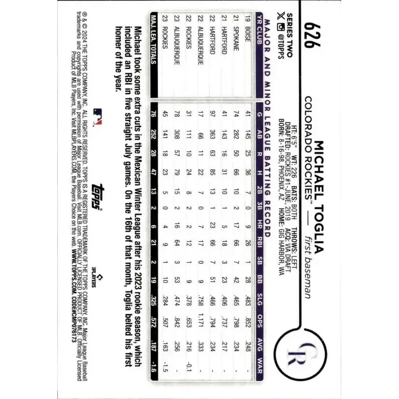 2024 Topps #626 Michael Toglia NM-MT Colorado Rockies Baseball Card - Baseball Card Single
