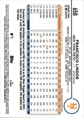 2024 Topps #650 Francisco Lindor NM-MT Mets ID:71028 - Baseball Card Single