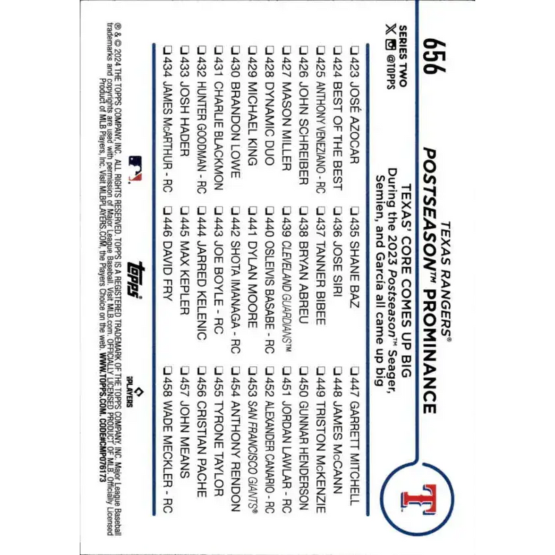 2024 Topps #656 Postseason Prominence NM-MT Texas Rangers Baseball Card - Baseball Card Single