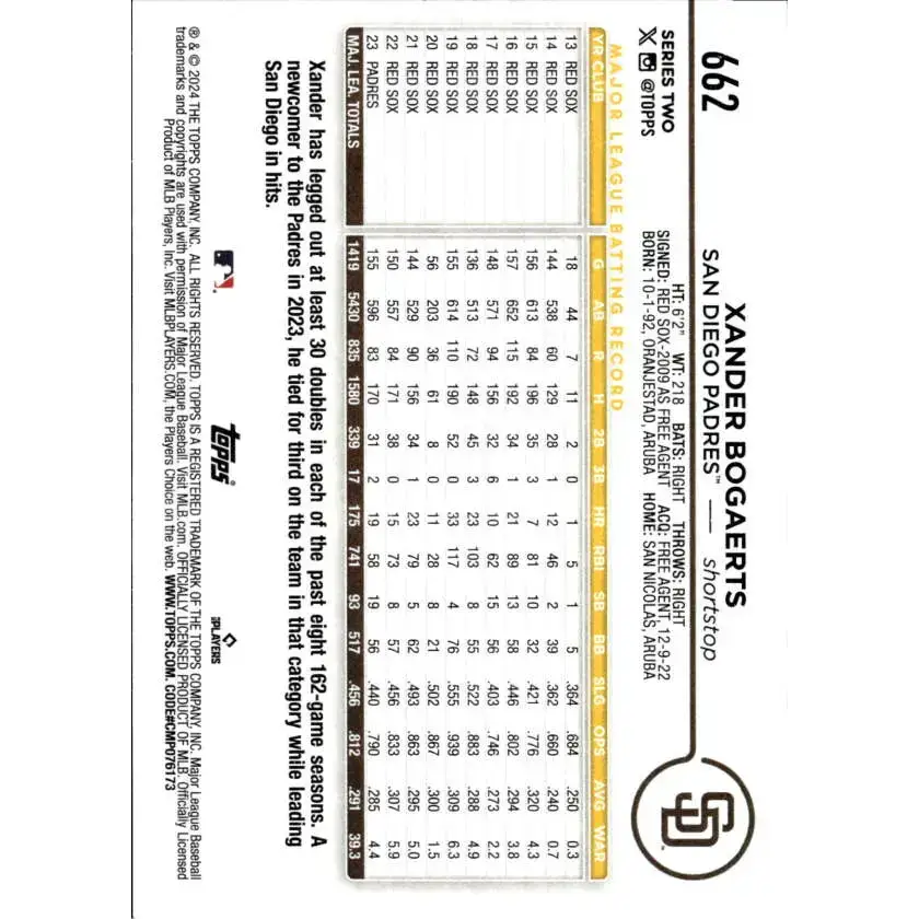 2024 Topps #662 Xander Bogaerts NM-MT San Diego Padres Baseball Card - Baseball Card Single