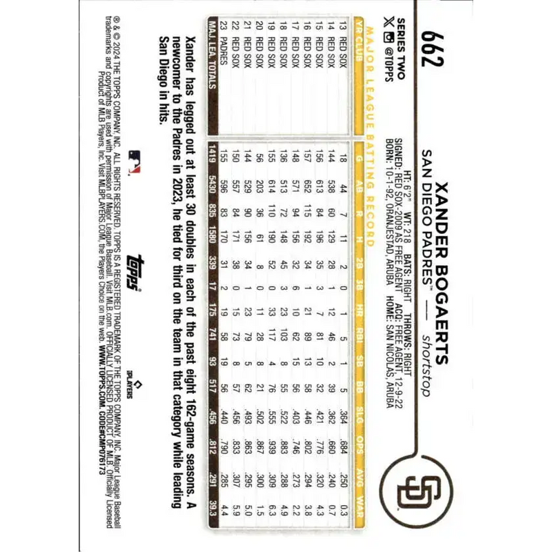 2024 Topps #662 Xander Bogaerts NM-MT San Diego Padres Baseball Card - Baseball Card Single
