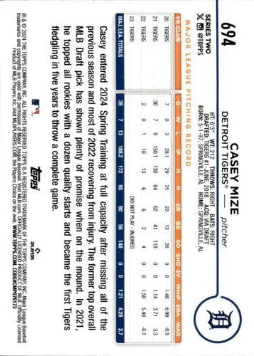 Original gloss 2024 Topps Casey Mize baseball card NM-MT Tigers ID 71537
