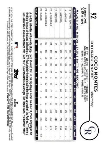 Original gloss Coco Montes rookie Rockies baseball card from 2024 Topps #92 NM-MT