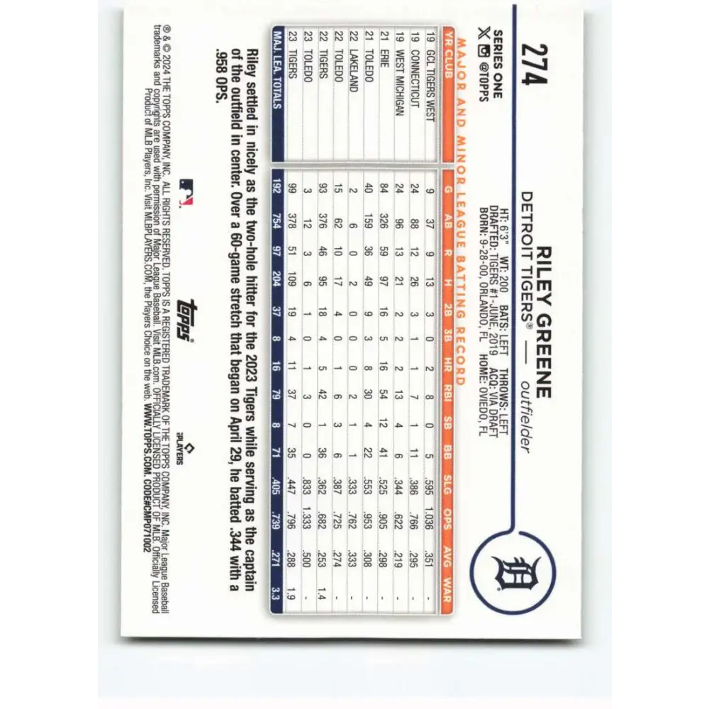2024 Topps All-Star Foil #274 Riley Greene NM-MT Detroit Tigers Baseball Card Image 2